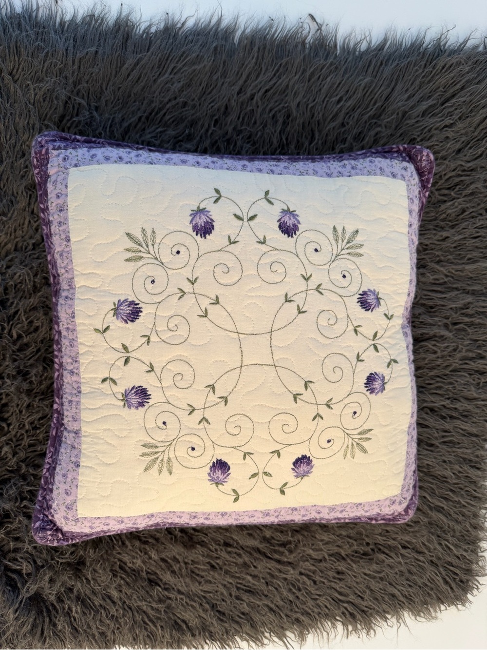 Decorative Quilted Floral Throw Pillow in Purple and Cream